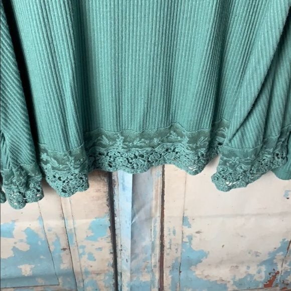 Taylor & Sage Moc Ribbed Turtleneck with Lace Edging at Waist Green - Picture 5 of 5